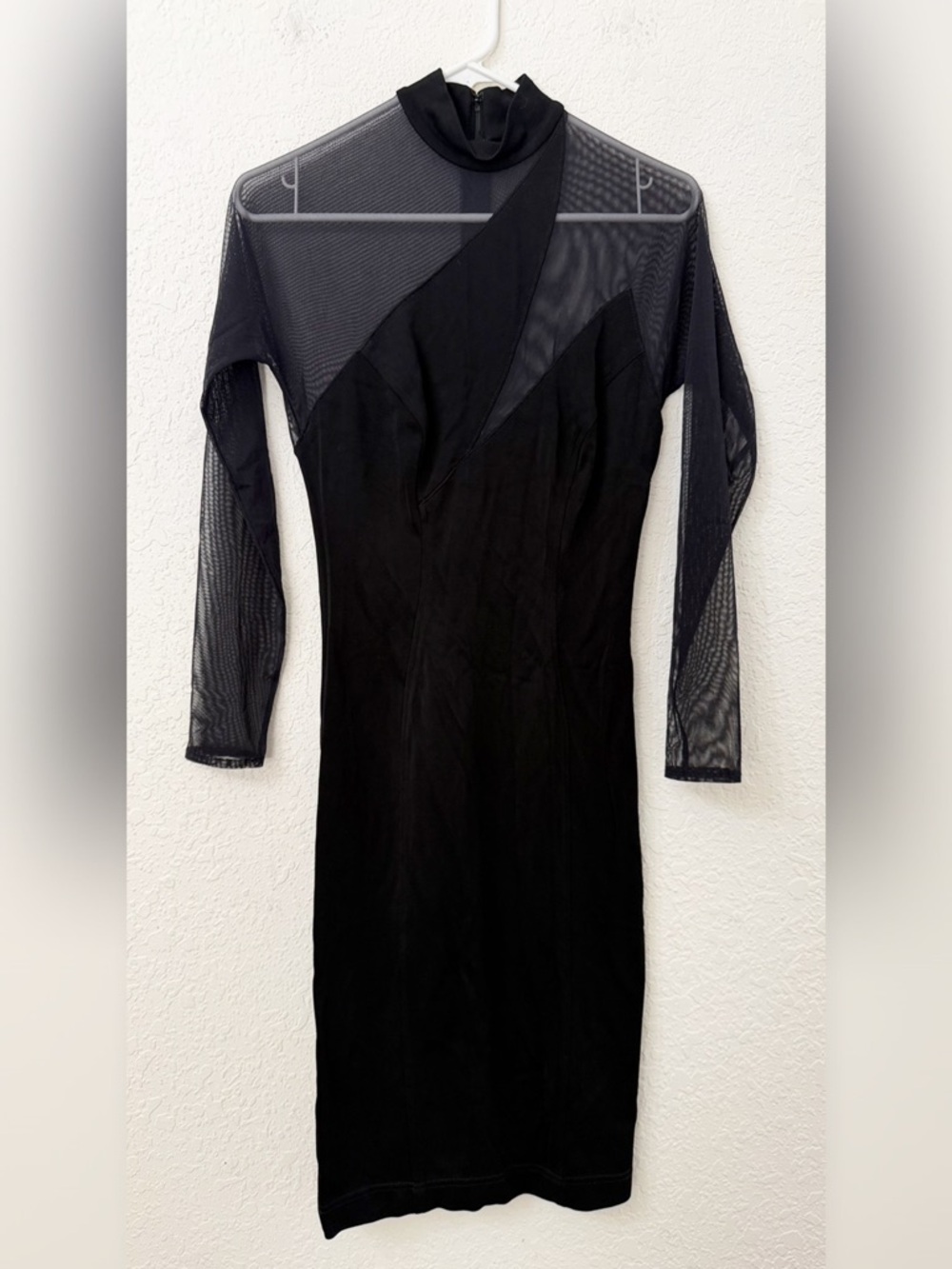 Tadashi Shoji  - Black Mesh Long Sleeve Asymmetric Neck Bodycon Dress - M